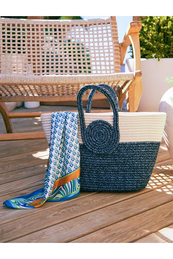 Jimmy Key-Navy Blue Color Blocked Straw Bag 1