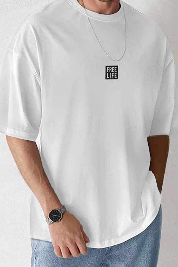 CLAYES-Tricou cu imprimeu alb oversize Free Life - Tricou cu mânecă scurtă cu decolteu și confortabil 1