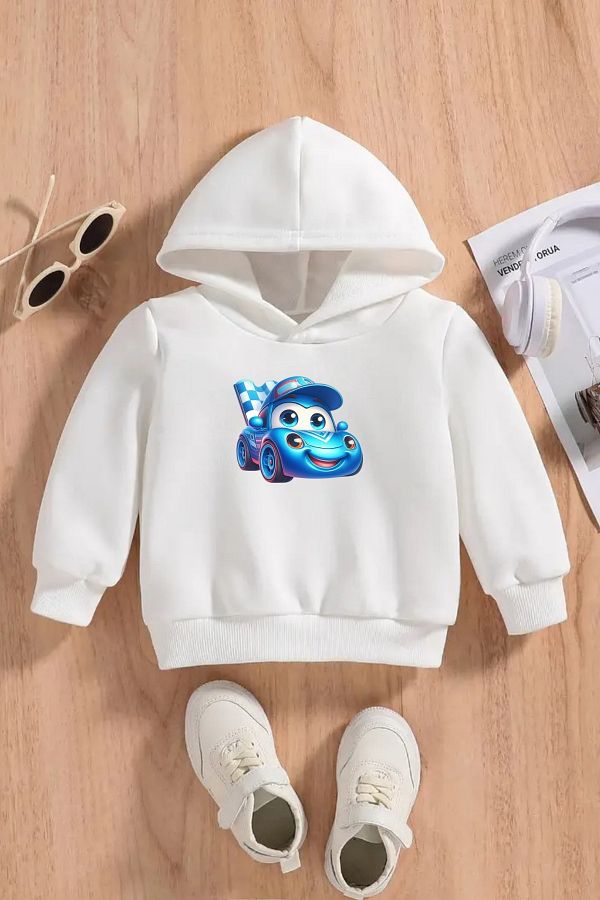 VBSVİBES-Children's White Hooded Sweatshirt – Yaris Car Printed, Thick Fabric with Embossed 1