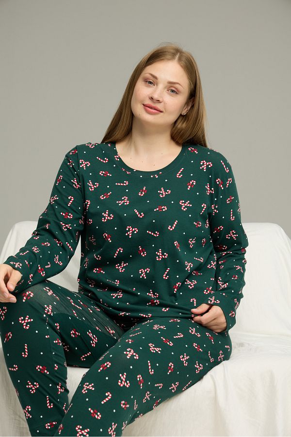 Siyah İnci-Green Pattern Curve Large Size Battal Size Cotton Pajamas Suit25240816 1