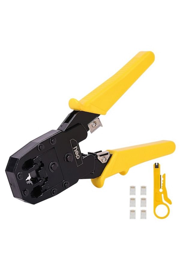 Deli-Clește de sertizare pentru cabluri Ethernet RJ45, galben, include unealtă de dezizolare și 6 conectori 1
