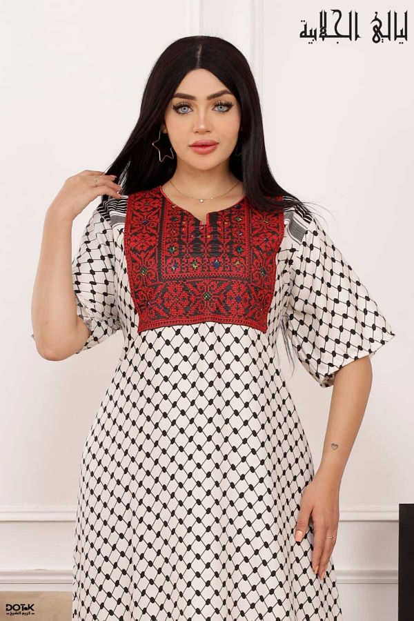 Lyaly aljlabyh-Modern women's jalabiya with a traditional design featuring a keffiyeh motif and luxurious red embroidery on the chest, ideal for occasions and receptions. 1