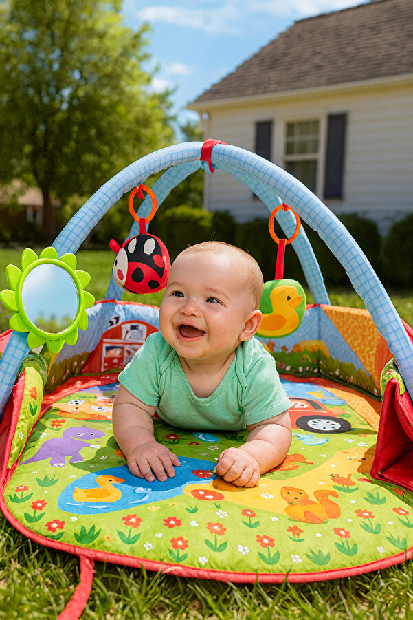 Baby Neşeli Çiftlik 3’ü 1 Arada Oyun Halısı | Top Havuzu + 10 Top + 4 Oyuncaklı Aktivite Matı | 0+ Ay