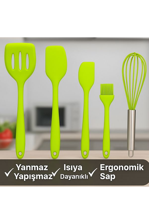 TARIK HOME-مجموعة مكونة من 5 قطع من مضرب السيليكون الأخضر والفرشاة والملعقة بمقبض مريح - مقاوم للحريق وغير لاصق 1