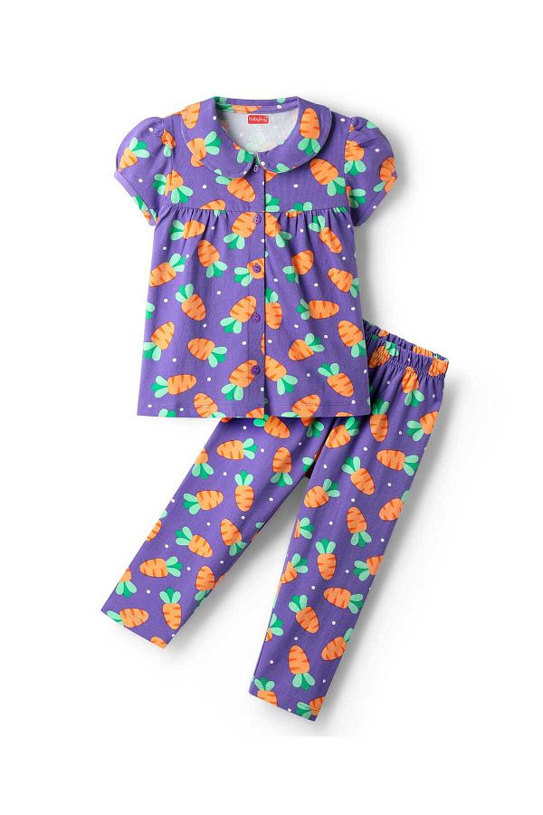 Babyhug-Cotton Knit Half Sleeves Front Open Top and Pajama Set with Carrot Print - Violet 1