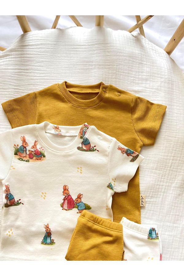 Zezig-Rabbit Family Pattern and Mustard Color 2 Pieces Camisole Bottom-Top Set 100% Cotton 1