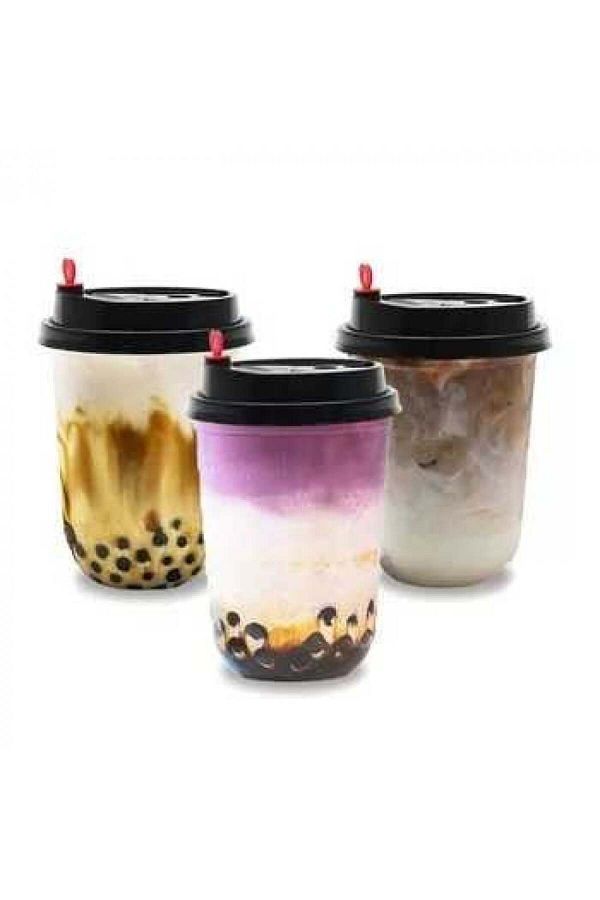 Generic-Set of clear plastic cups with a black lid and a red heart 1