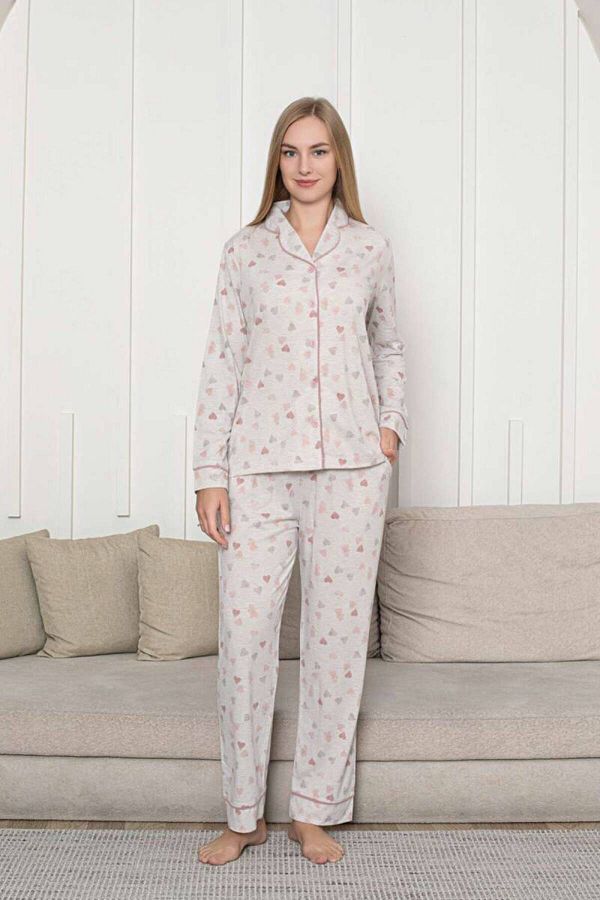 ALİMER-Set pijamale pentru femei cu nasturi în față - model de inimă bej cu mâneci lungi Lycra Rink Viscose 2868UY 1