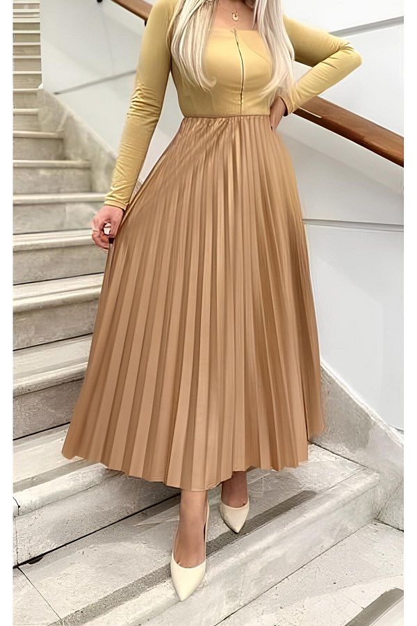 VOICTEC-Pleated Skirt Shiny Appearance Standard Size (Compatible with 38-44) Elastic Waist 1