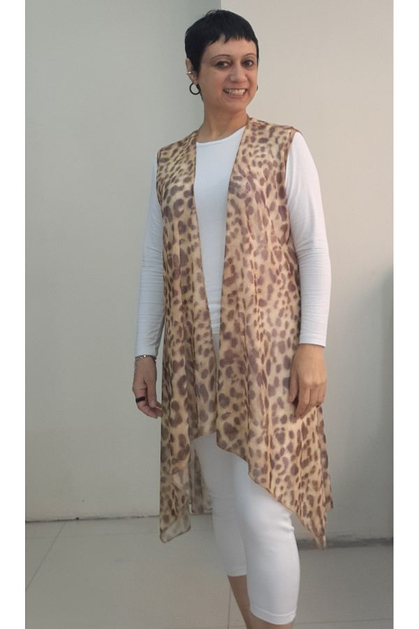 Mertcan Butik-Light Coffee Beige Mink Leopard Print Loose Asymmetrical Cutout Tulle Vest 1