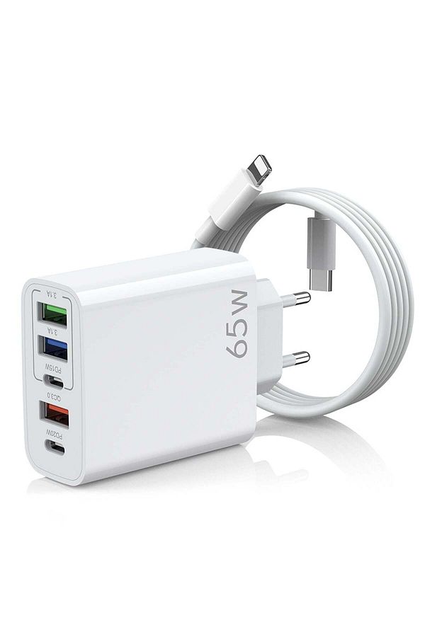 Timebox-Încărcător de rețea, 5 porturi, încărcare rapidă 65W, 3 x USB, 2 x Tip-C, cablu de date Lightning la USB-C inclus 1
