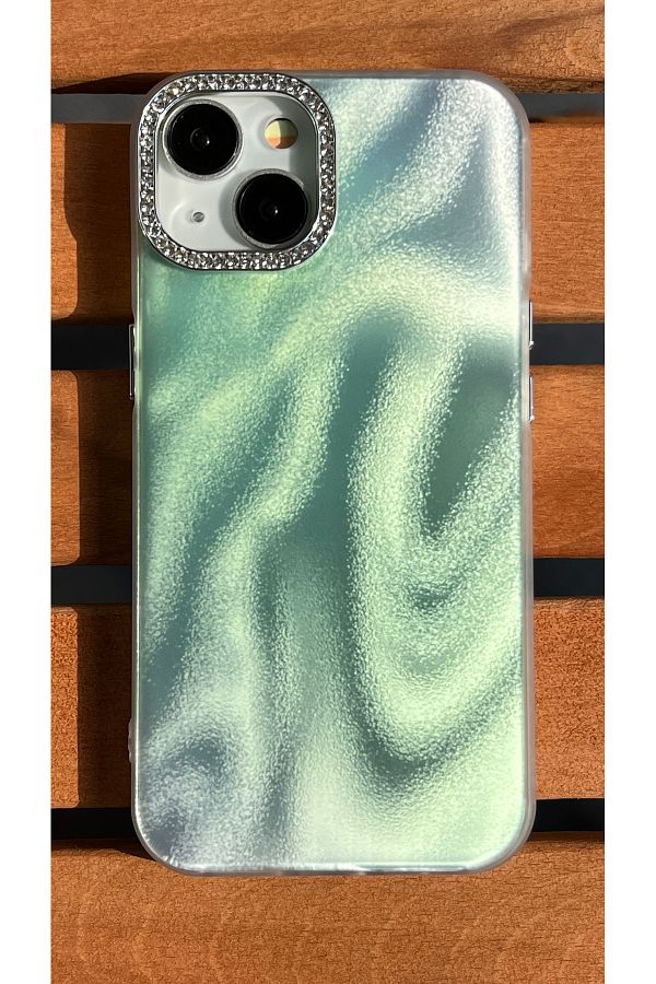 EDELFU-iPhone 13 / 14 Satin Wave Texture Case - Cover with Sparkling Powder Effect with Stone Camera Frame 1