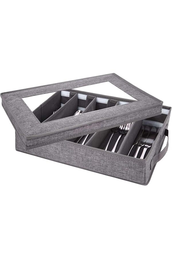 Generic-Azonee Large Capacity Flatware Storage Case, Gray Silverware Box with Removable Lid & Adjustable Di 1