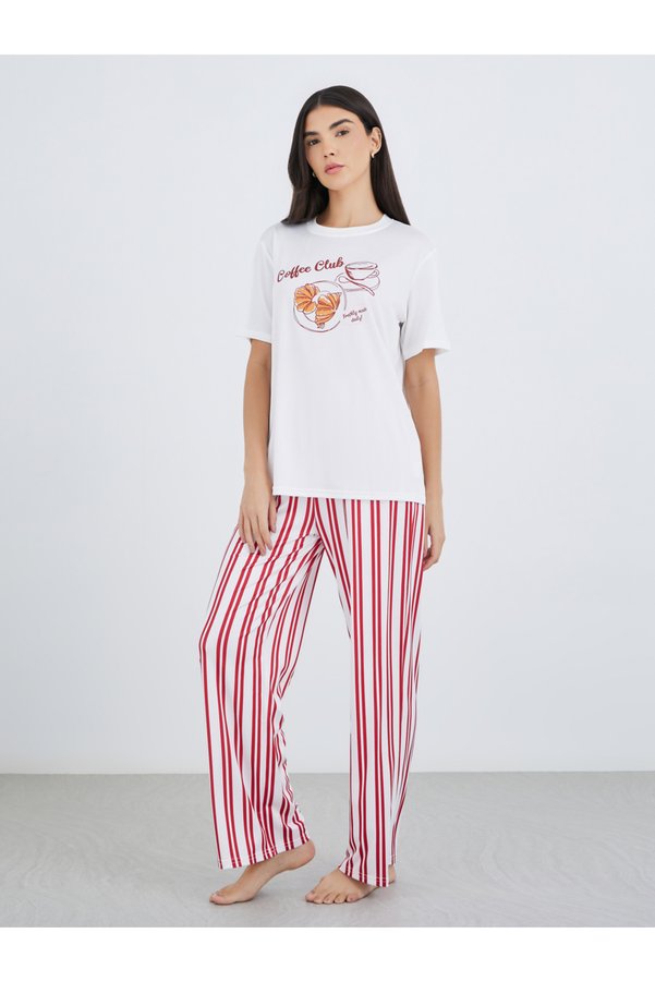Styli Graphic Print T-Shirt and Striped Pyjama Set
