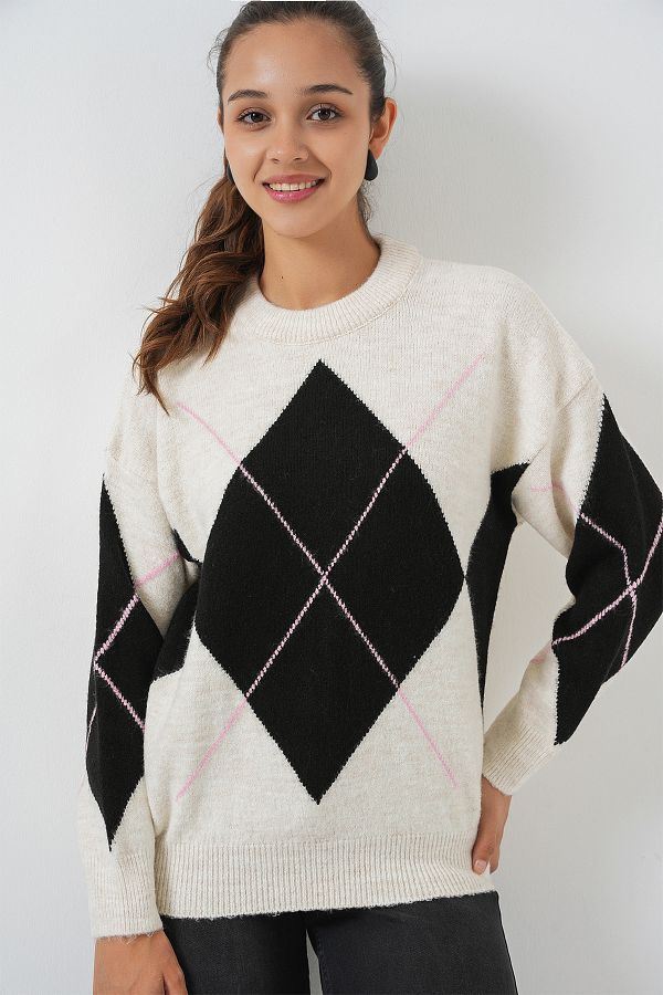 Bigdart-15895 Diamond Patterned Oversize Knitwear Sweater - T. Ecru 1