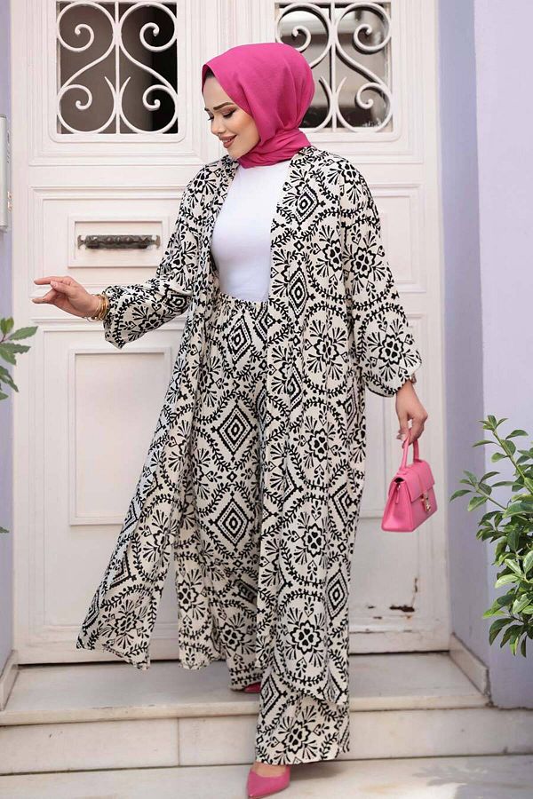 N.S NEVA STYLE-Patterned Ecru Hijab Double Kimono Set 12889E 1