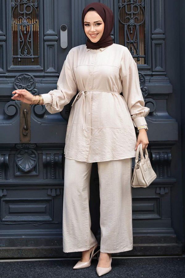 N.S NEVA STYLE-Buttoned Beige Hijab Double Set 60341Bej 1