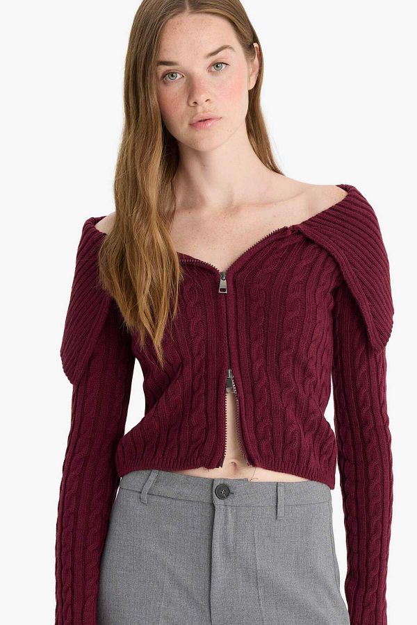 DeFacto-Regular Fit Open Shoulder Cardigan E8263Ax25Wn 1
