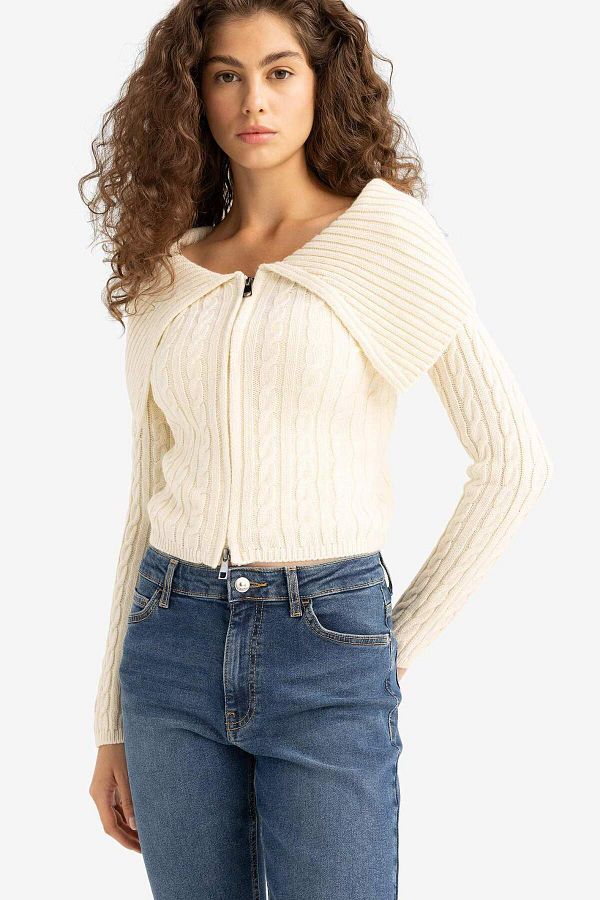 DeFacto-Regular Fit Open Shoulder Cardigan E8263Ax25Wn 1