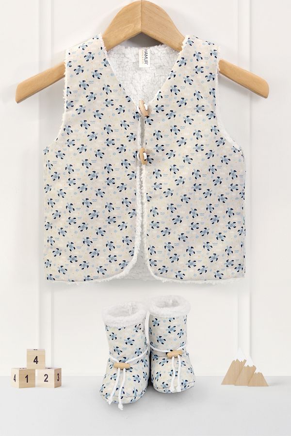 HAMUR-Unisex Vest and Booties Set Set of 2 Double Sided Buttoned Newborn Cotton Sheep Feather Moi 1