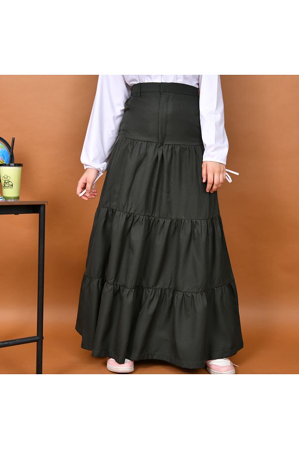 HAWRAA-Soft pleated layered skirt with a fixed waist, in a comfortable and flowy design - olive 1