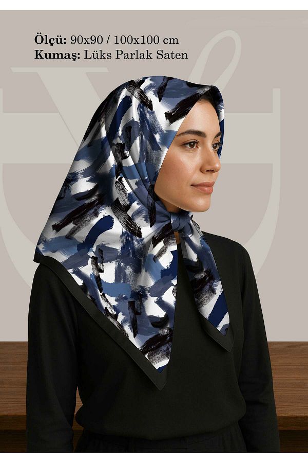DESENİX-Brush Print Patterned Scarf |   4 Color Options |   90X90 - 100X100Cm |   Shiny Satin 1