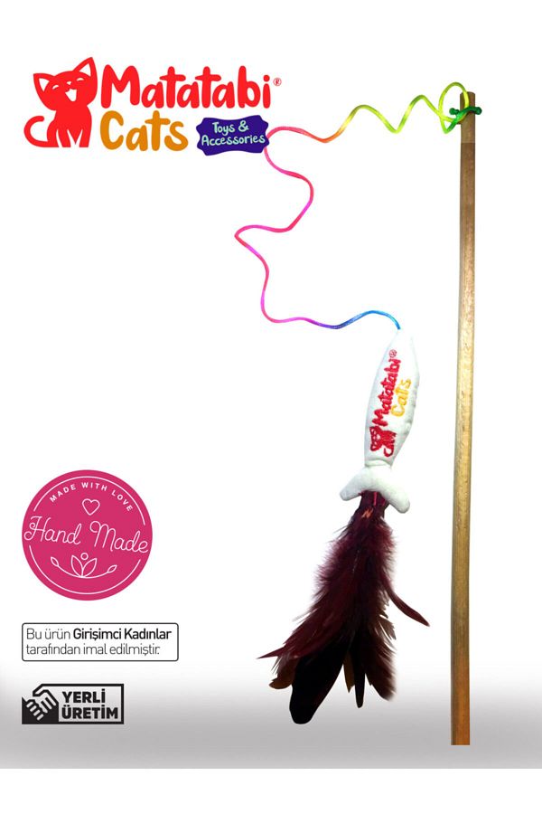 MATATABİ CATS-Jr. Fish Cat Fishing Rod Wooden Handle, Fabric Cat Toy with Sound (Does Not Contain Catnip/Herb) 1