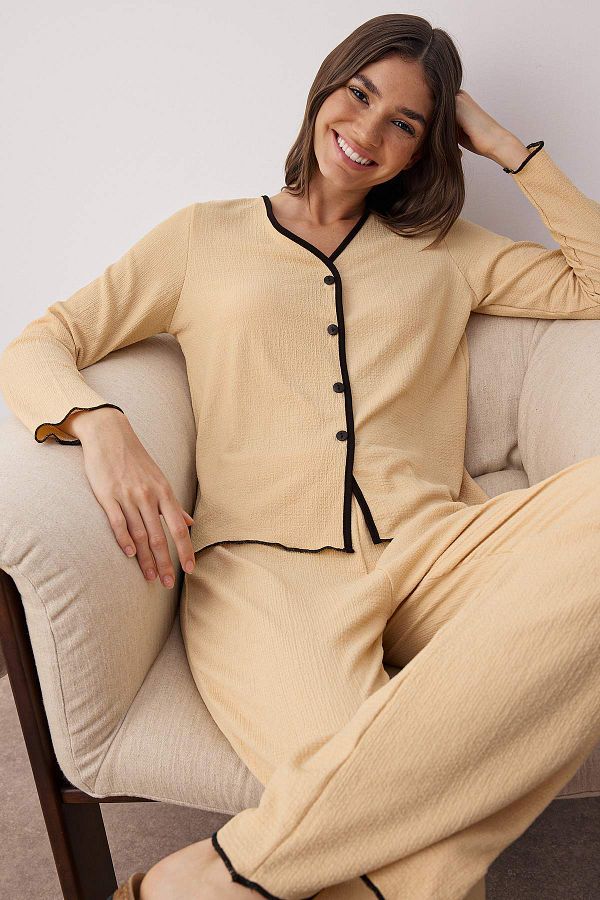 Trendyol Collection-Beige Button and Bias Textured Wrap Knitted Pajama Set Thmaw26Pt00097 1