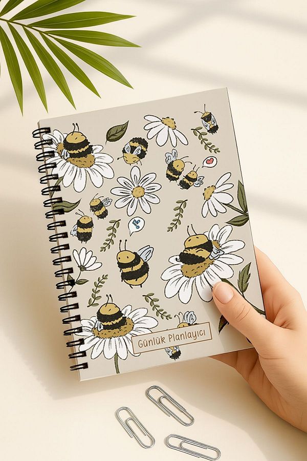 Eldesen Tasarım-Daily Planner A5 Notebook, Notes, to Do, Flexible Cardboard Cover, 100 Days, with Bee 1