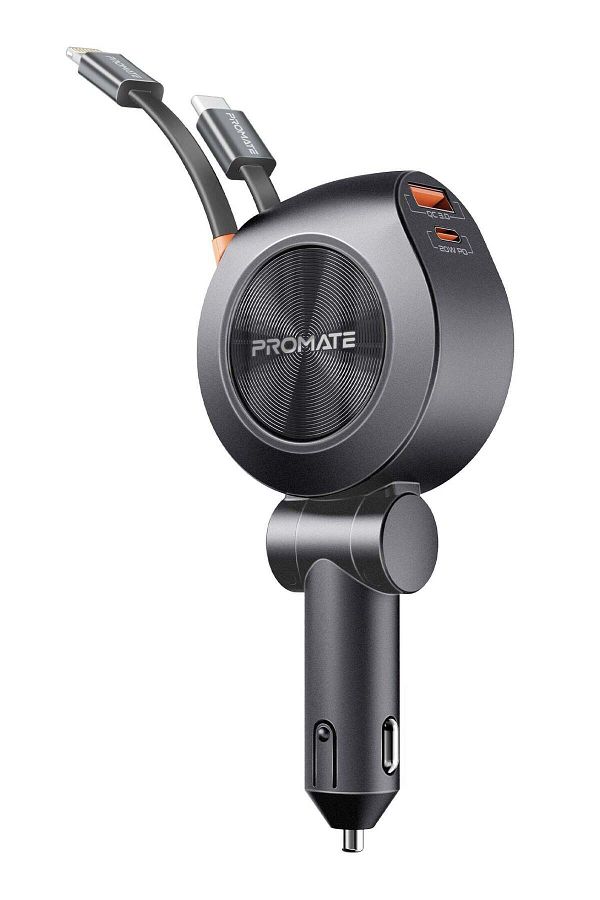 Promate-شاحن سيارة متعدد المنافذ 4 في 1 بقوة 88 وات مع كابلات USB-C وLightning مدمجة قابلة للسحب 1