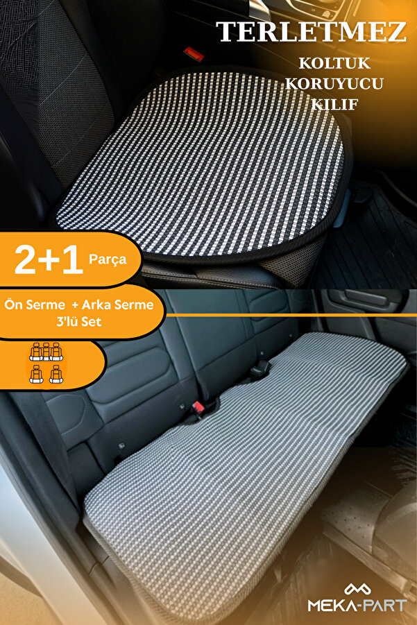 TREND Meka Part Terletmez Koltuk Koruyucu Kılıf 3 Parça SERME Universal Çizgili Füme Beyaz