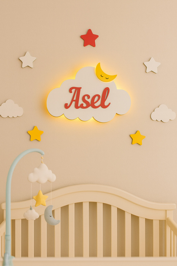 ARSERGROUP Bebek Hediyelik Ahşap Isimli Bulut Gece Lambası Ledli Aydınlatma Yenidoğan Hediyelik