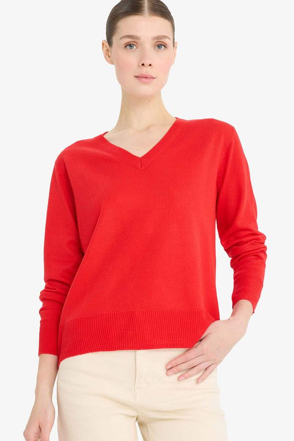 DeFacto-Relaxed Fit Weicher Strukturierter V-Ausschnitt Basic Schlichter Strickpullover C4024AX24WN 1