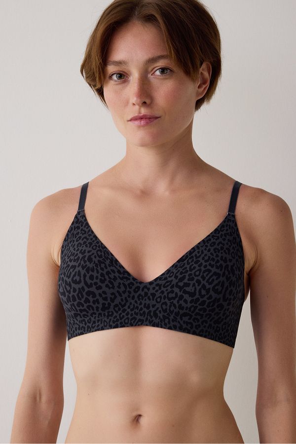 Penti-Anthracite Leopard Patterned Seamless Ribbed Triangle Bra Without Underwire 1