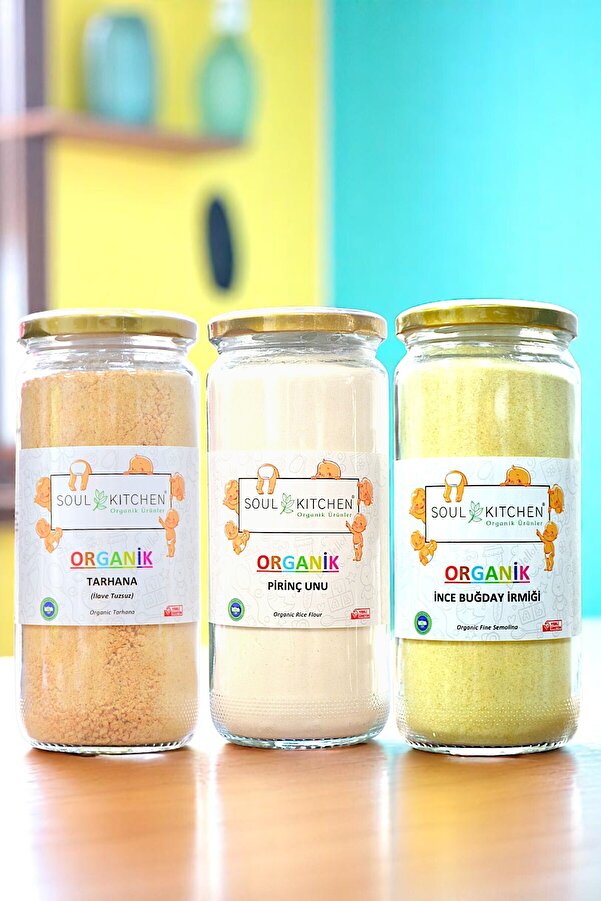 Soul Kitchen Organik Ürünler Organik İnce Buğday İrmiği Bebek 300 g Pirinç Unu 300 g Tarhana 350 g Cam Set