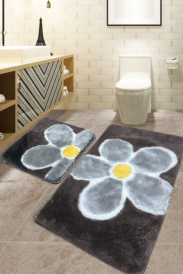 Chilai Home-Комплект от 2 части Acrylic Flower Grey - килимче за баня и постелка 1