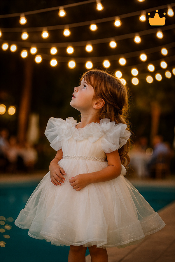 MİNİMONY 2-8 Yaş Gül Yakalı Grenli Kabarık Tül Kız Bebek Çocuk Abiye Elbise Bayramlık Gelinlik Ekru 3502