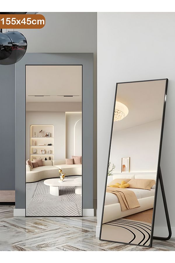 Taimi-Large Mirror With Elegant Design 155x45 Cm-full Length Mirror With Black Metal Frame And Back Stand 1