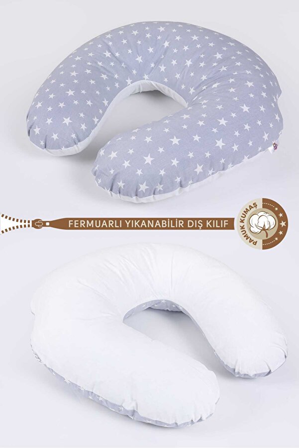 RUYALAR BEBEK Çift Taraflı Emzirme Yastığı /bebek Destek Minderi, Hamile Yastığı, Pamuklu Kumaş Yıldız Desenli GRİ
