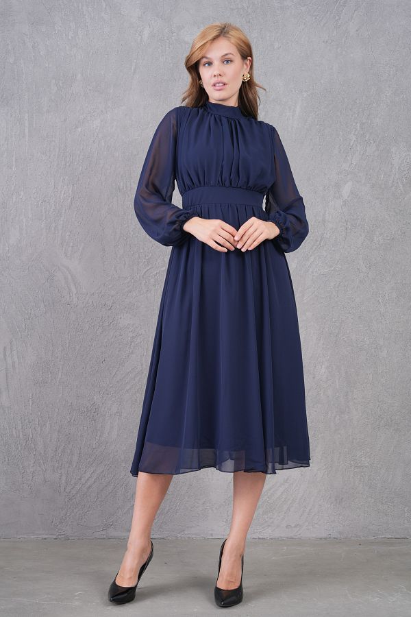 bayansepeti-Rochie midi plisată cu mâneci lungi, cu guler ridicat, căptușită cu țesătură din șifon, albastru bleumarin, 094 1