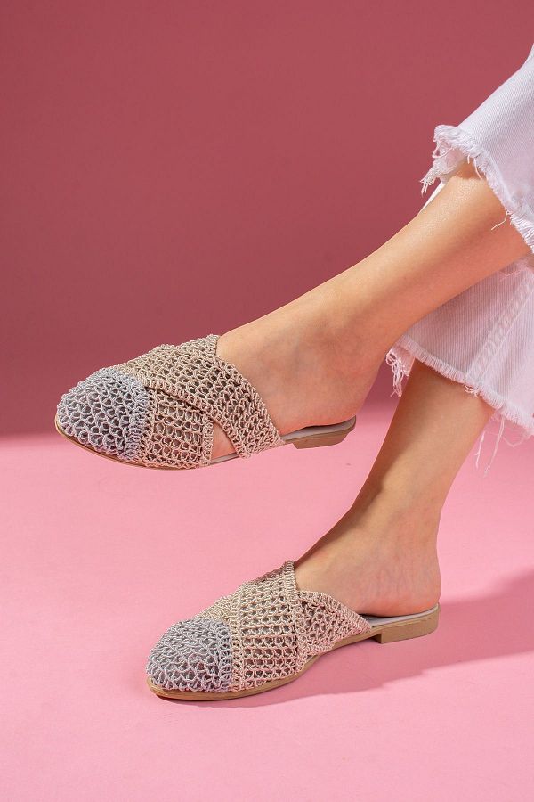 FUGA MODA-Simpa Gray Mink Two-Color Closed Front Cross Tape Detailed Knitted Knitwear Slippers 1