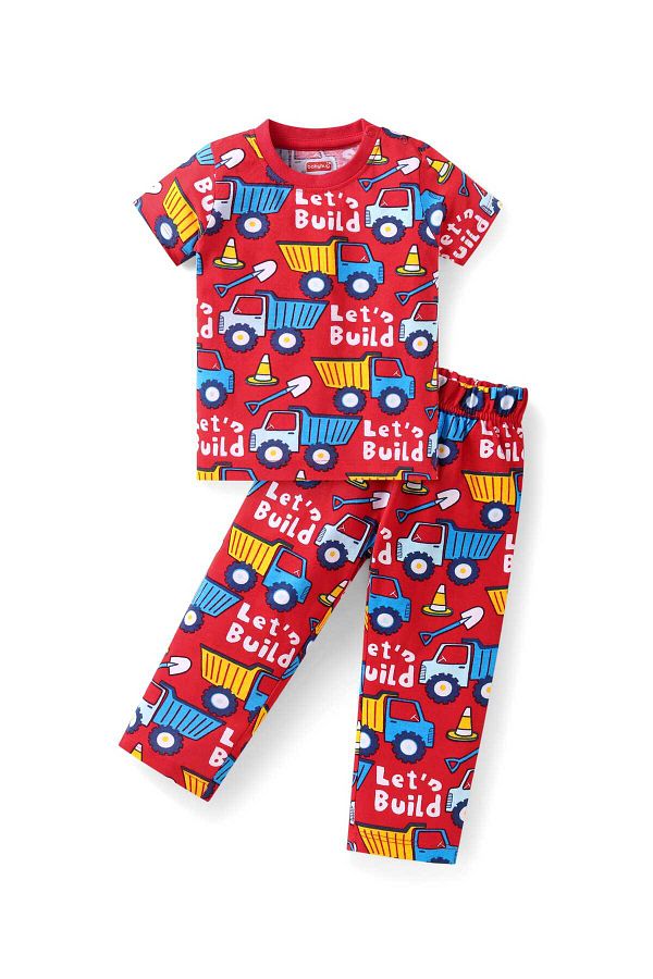 Babyhug-Pyjama Set with Construction Vehicle Print - Red 1