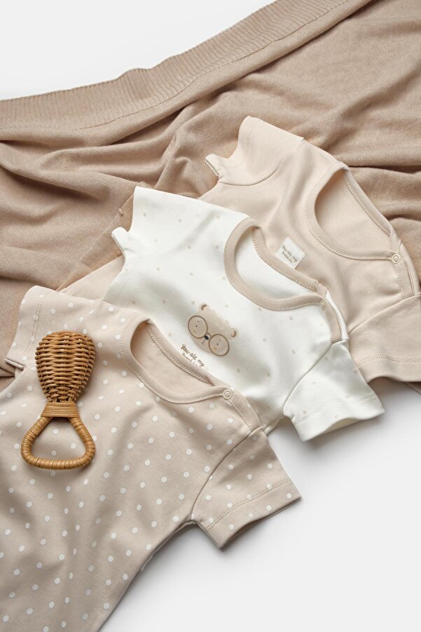 Magu Unisex Bebek Pamuklu Bej Ekru 3'lü Baskılı Çıtçıtlı Body Seti - Kısa Kollu