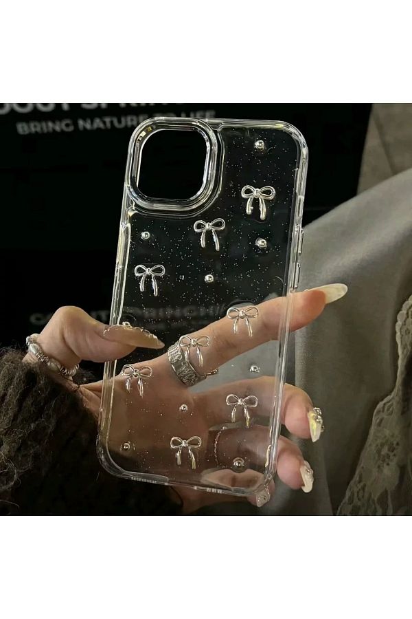 EDELFU-iPhone 15 Plus & 14 Plus Glitter Bow Pattern Clear Case for iPhone - 3D Embossed, Elegant Design 1