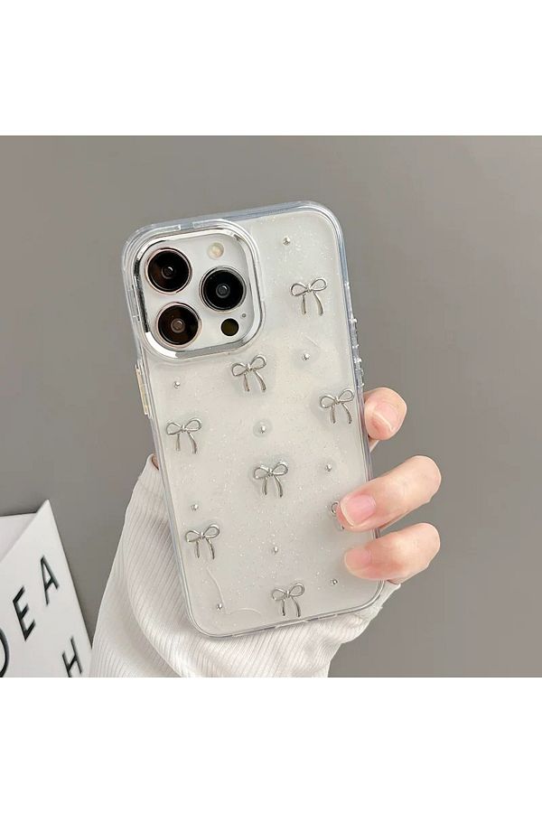 EDELFU-Glitter Bow Pattern Clear iPhone Case for iPhone 15 Pro - 3D Embossed, Slim and Elegant Design 1