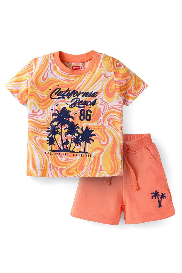 Babyhug-Single Jersey T-Shirt and Shorts Set with Beach Theme Text Print - Peach 1