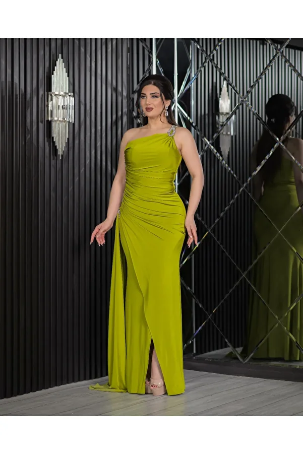 CAREZZA-Dralithe - Draped Fit Evening Dress with Stone Stripe 1