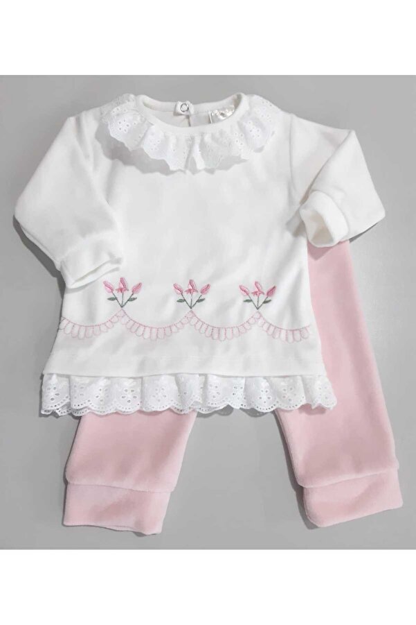 Sönmez Baby GÜL NAKIŞ DESEN FİSTO ETEK UÇLU KADİFE İKİLİ KIZ BEBE TAKIMI