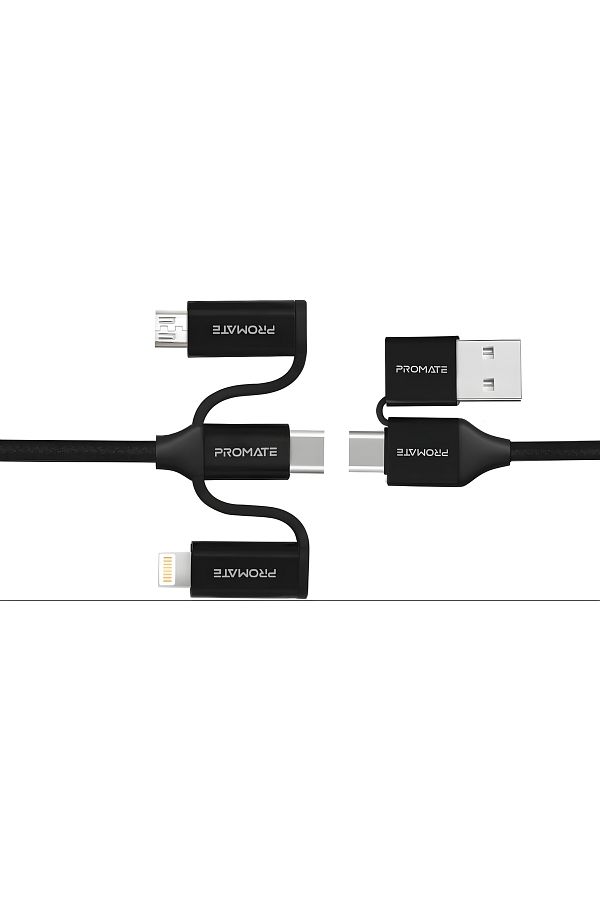 Promate-6-In-1 Multi Charging Cable, Lightning, USB-C, Micro USB to USB-A and USB-C,PentaPower-Black 1