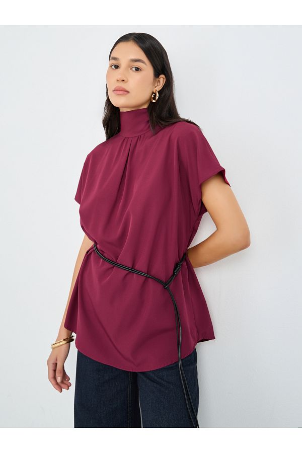 Styli-Burgundy High Neck Blouse with Loop String Belt 1